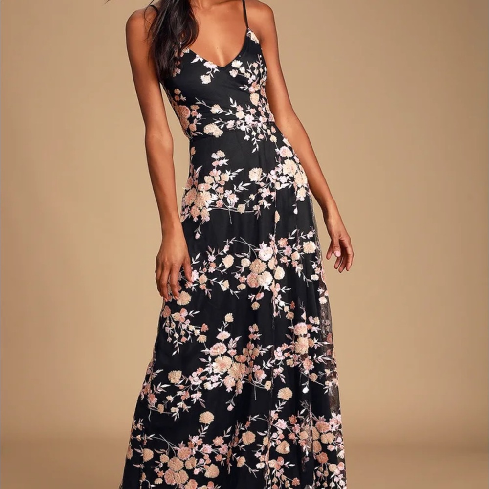 LULU's Glory and Glitz Black Floral Sequin Lace-Up Maxi Dress size S